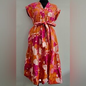 Pink/Orange Midi Shirtdress for Casual Occasions--Pockets!